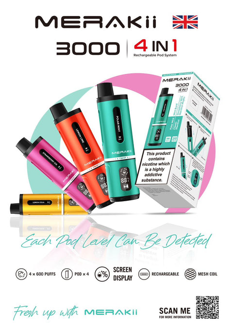 Buy Bulk Wholesale Merakii 3000 Disposable Vape 4 in 1 Edition - Box of 5 - vapesourceuk